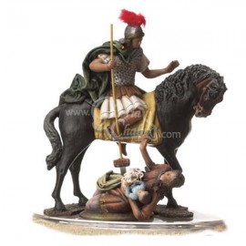 Romano a caballo con mujer y niño en el suelo